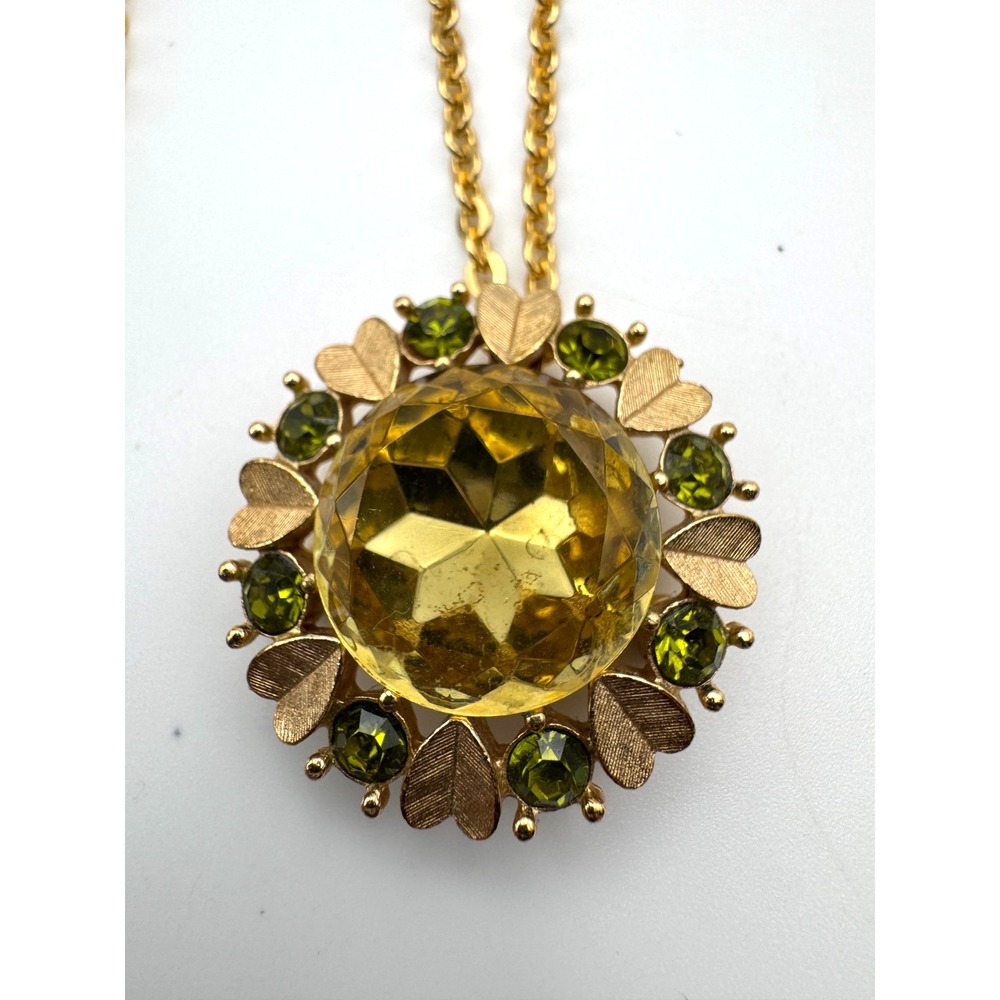 Vintage Avon Necklace Sun Brilliants Pendant Brooch Yellow Green 38 in